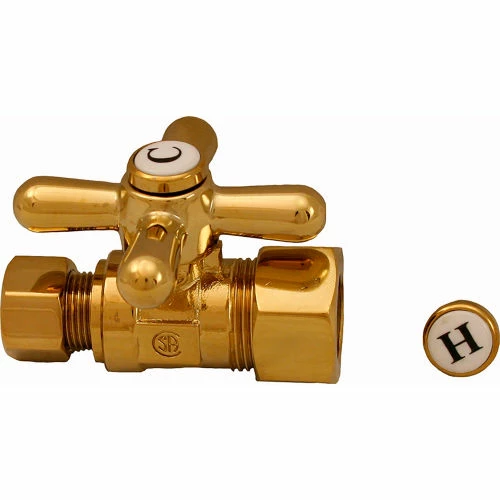 Jones Stephens 1/4 Turn Straight Stop Valve w/ Cross Handle, Polished Brass, 5/8"OD Comp x 3/8"OD 3 Jones Stephens 1/4 Turn Straight Stop Valve w/ Cross Handle, Polished Brass, 5/8"OD Comp x 3/8"OD