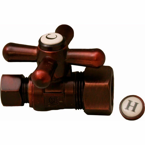 Jones Stephens 1/4 Turn Straight Stop Valve w/ Cross Handle, Old World Bronze, 5/8"OD Comp x 3/8"OD 3 Jones Stephens 1/4 Turn Straight Stop Valve w/ Cross Handle, Old World Bronze, 5/8"OD Comp x 3/8"OD